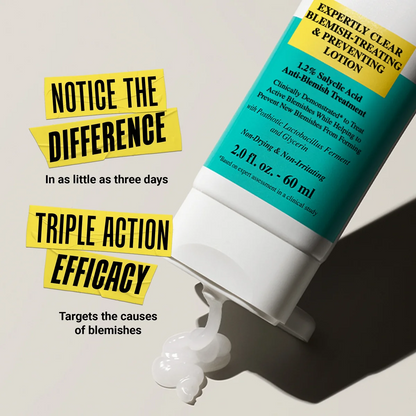 A squeeze tube of blemish treatment lotion tilted on a light beige background, with a dollop of white gel at the base. Large yellow text on the left reads 'NOTICE THE DIFFERENCE' and 'TRIPLE ACTION EFFICACY' with smaller black supporting text.
