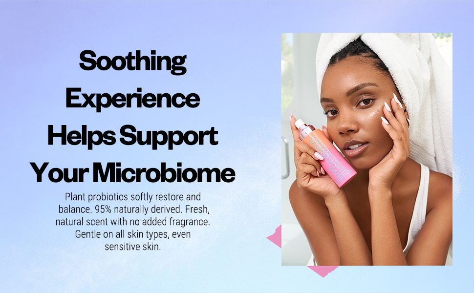 Promotional graphic with text reading 'Soothing Experience Helps Support Your Microbiome' and a photo of a woman with a white towel wrapped around her head holding a pink bottle near her face, set against a soft blue gradient background.
