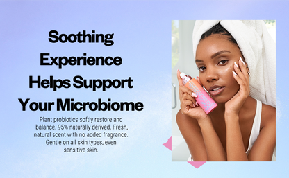 Promotional graphic with text reading 'Soothing Experience Helps Support Your Microbiome' and a photo of a woman with a white towel wrapped around her head holding a pink bottle near her face, set against a soft blue gradient background.