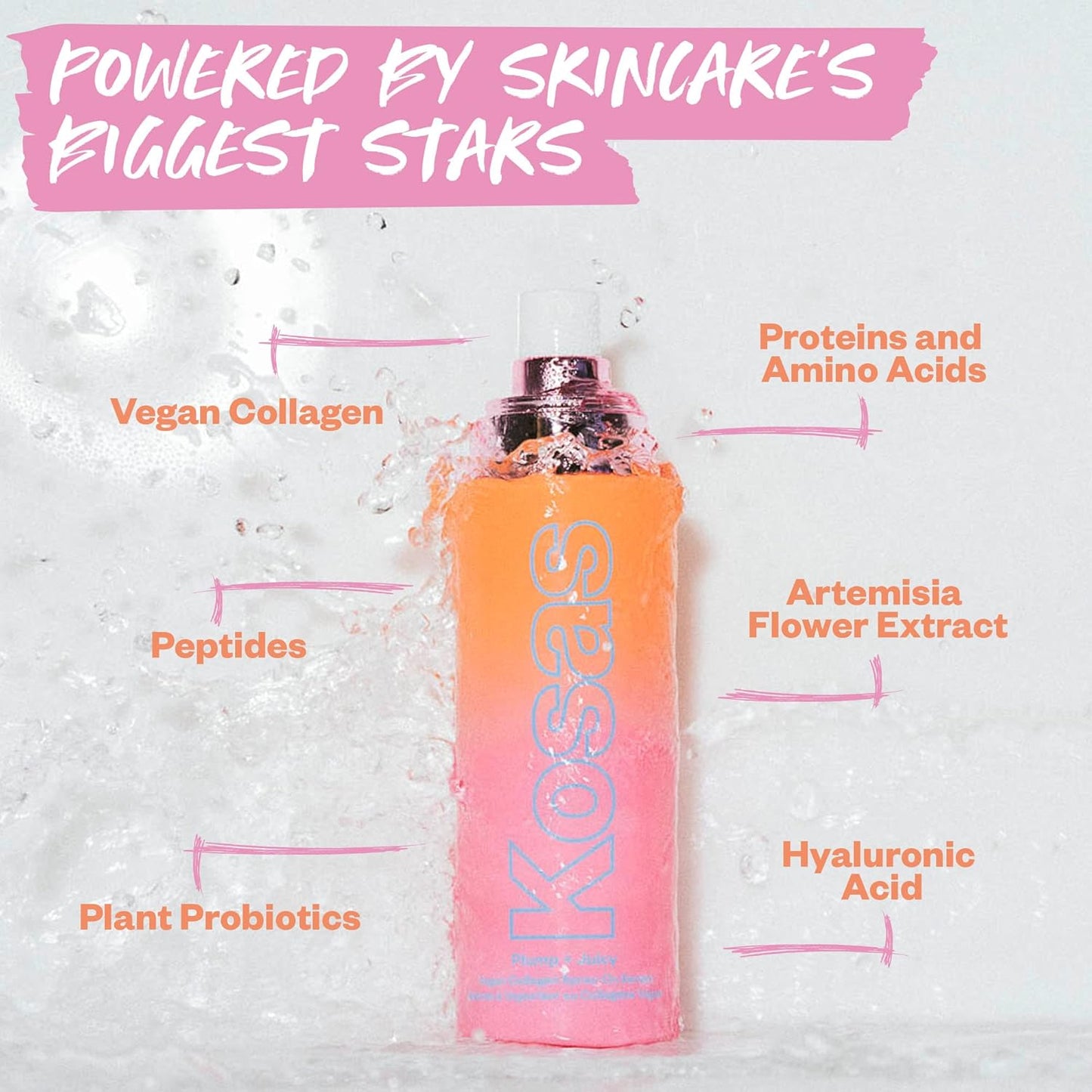 Kosas skincare product with ingredient labels on a textured background