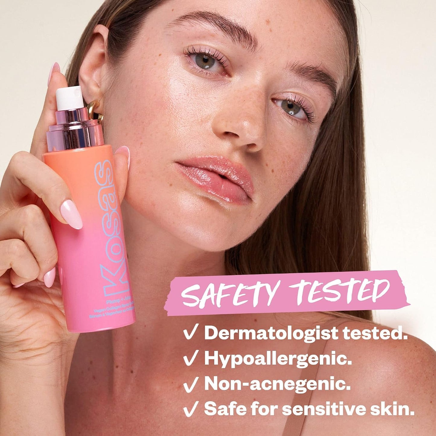 Woman holding a pink skincare product with text about safety testing on a light background