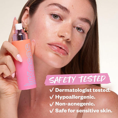 Woman holding a pink skincare product with text about safety testing on a light background