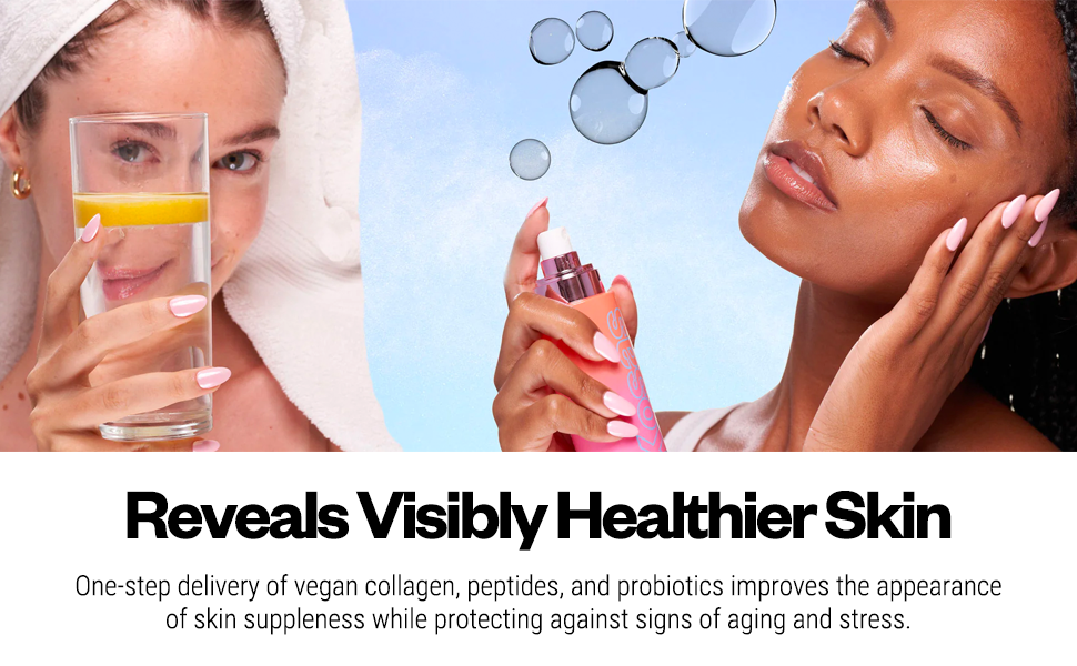 A split promotional skincare graphic showing two women: one holding a glass of orange juice and water, and another applying a pink facial spray. Bubbles and floating droplets appear above, with text at the bottom reading 'Reveals Visibly Healthier Skin' and a descriptive claim about vegan collagen, peptides, and probiotics.