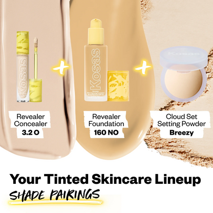 Kosas skincare products including Revealer Concealer, Revealer Foundation, and Cloud Set Setting Powder on a beige background.
