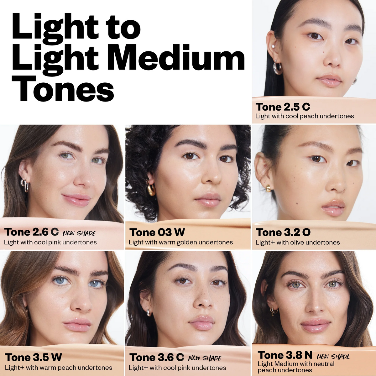 Cosmetic shade guide for light to light medium tones with model faces.