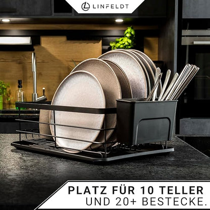 LINFELDT® - Metal Dish Drainer Rack Black - Holds 10 Plates & 20+ Cutlery | Dish Drying Rack for Sink with Cutlery Holder