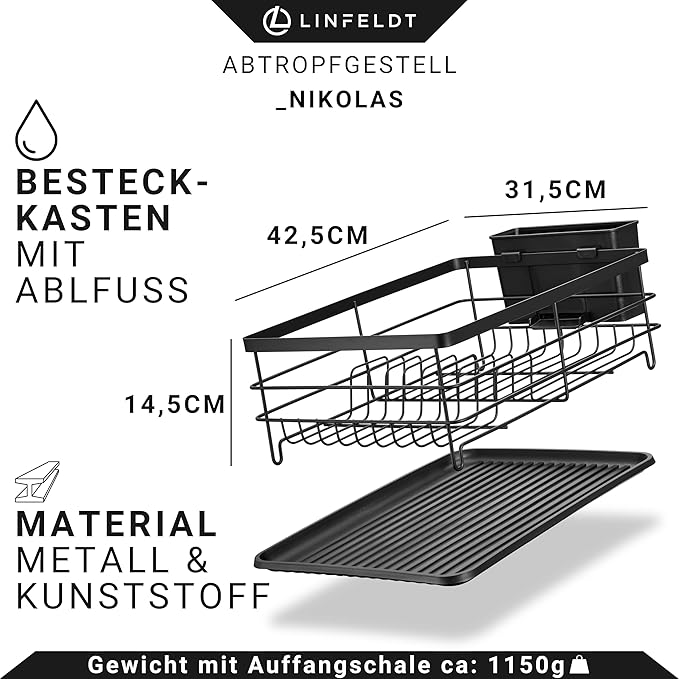LINFELDT® - Metal Dish Drainer Rack Black - Holds 10 Plates & 20+ Cutlery | Dish Drying Rack for Sink with Cutlery Holder
