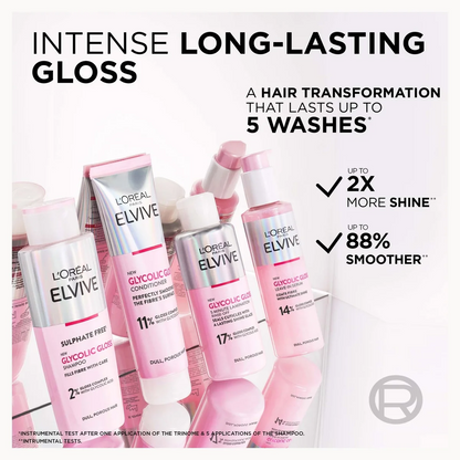 L'Orélés Elvive Intense Long-Lasting Gloss hair care set, featuring several pink and silver bottles and tubes on a white background with promotional text.