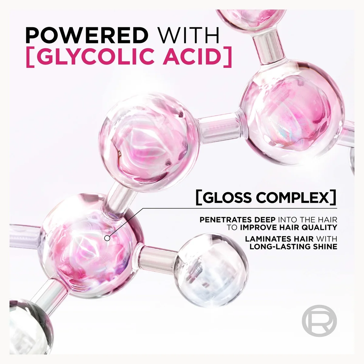 Promotional graphic for a hair treatment product featuring a molecular model with pink and clear spheres on a white background, with text reading 'POWERED WITH [GLYCOLIC ACID]' and '[GLOSS COMPLEX]'.