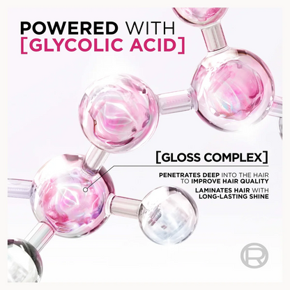 Promotional graphic for a hair treatment product featuring a molecular model with pink and clear spheres on a white background, with text reading 'POWERED WITH [GLYCOLIC ACID]' and '[GLOSS COMPLEX]'.