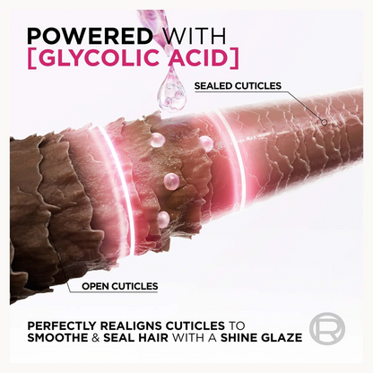 Promotional graphic for a hair care product featuring a close-up of a hair cuticle with text reading 'POWERED WITH [GLYCOLIC ACID]', 'SEALED CUTICLES', and 'PERFECTLY REALIGNS CUTICLES TO SMOOTHE & SEAL HAIR WITH A SHINE GLAZE'.