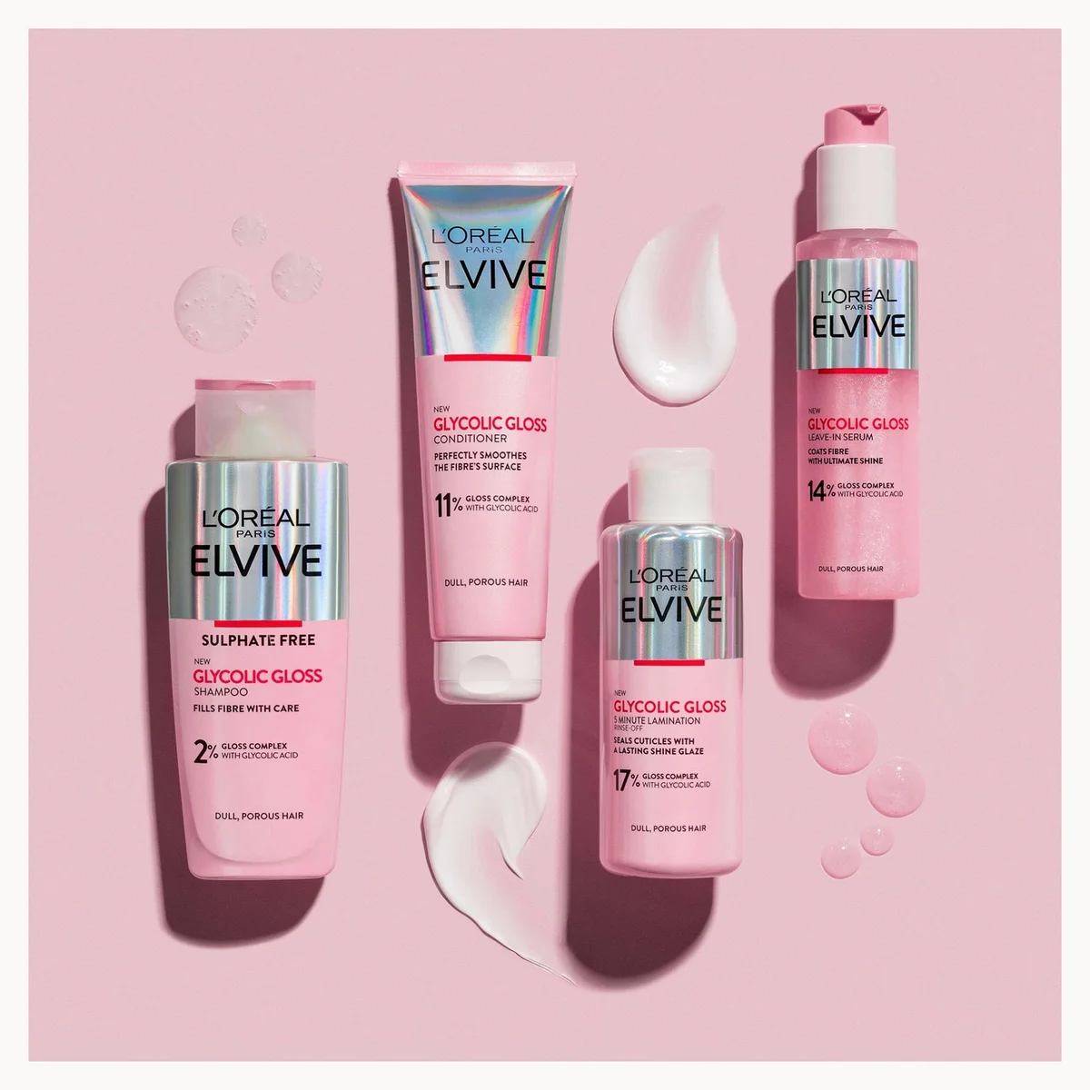 Four L'Oréal Paris L'Elvive Glucogenic Gloss haircare products in pink packaging, arranged on a light pink background with white cream smears and bubble graphics.
