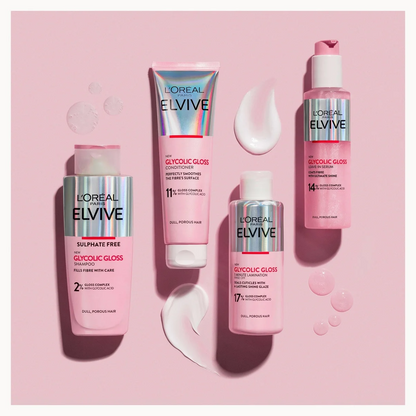 Four L'Oréal Paris L'Elvive Glucogenic Gloss haircare products in pink packaging, arranged on a light pink background with white cream smears and bubble graphics.