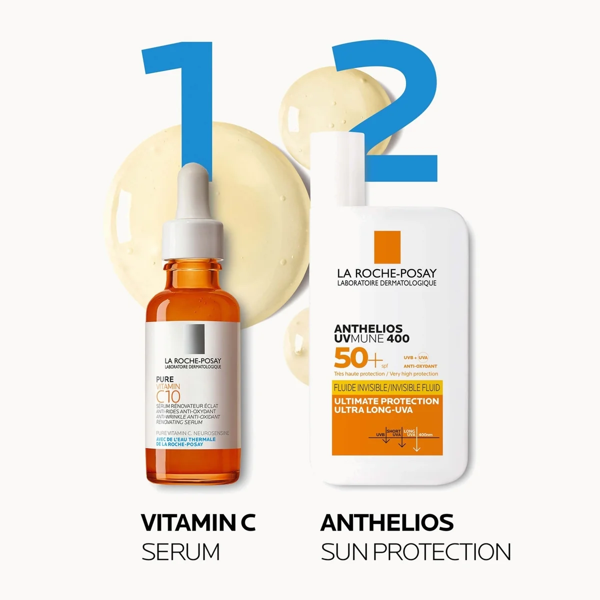 La Roche-Posay sunscreen and serum set on a light gray background with large blue numbers 1 and 2. The left bottle is amber glass labeled Vitamin C Serum, and the right bottle is white labeled Anthelios Sun Protection SPF 400.