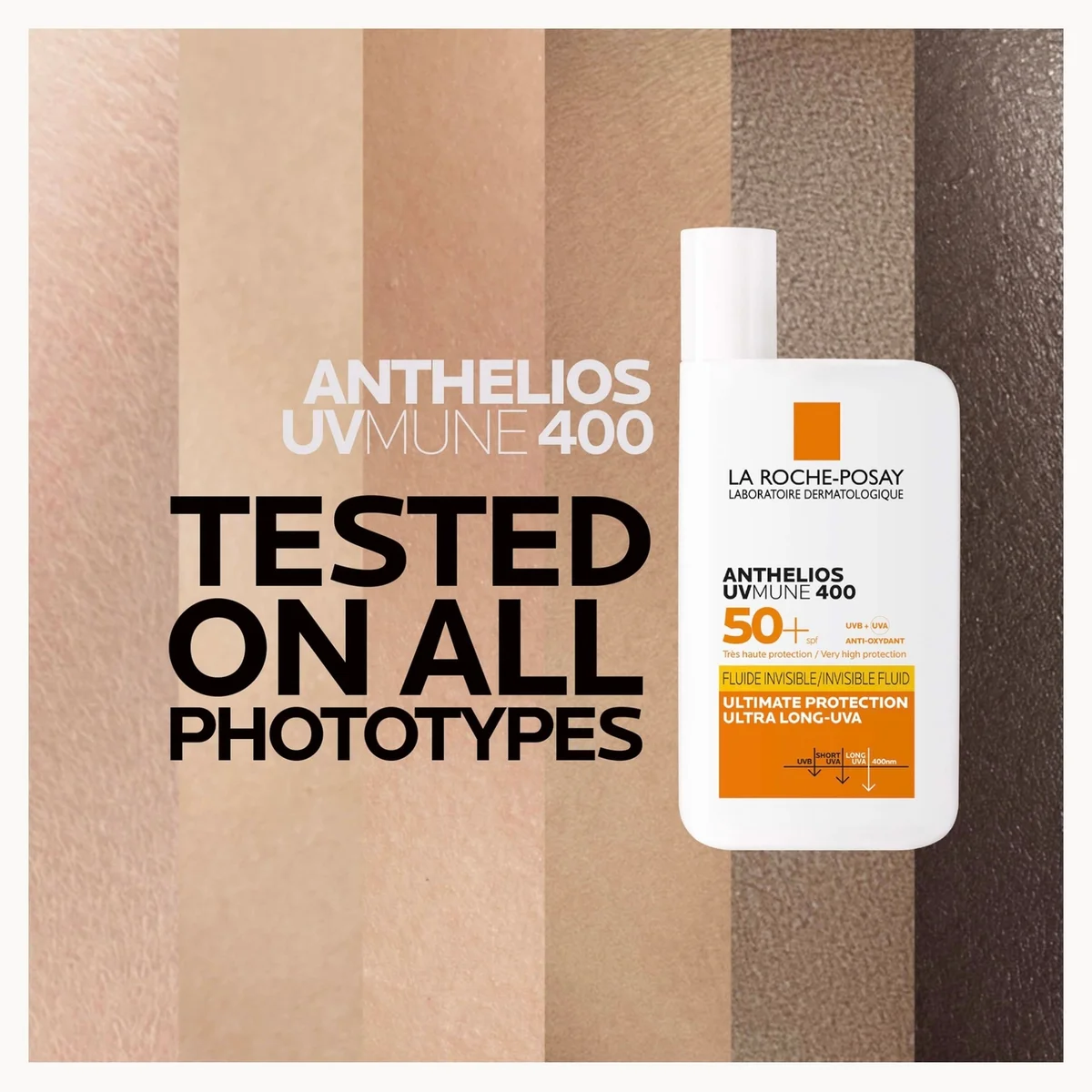 La Roche-Posay Anthelios UVMune 400 sunscreen bottle shown against a background of vertical skin-tone swatches with large text reading 'TESTED ON ALL PHOTYPES'.
