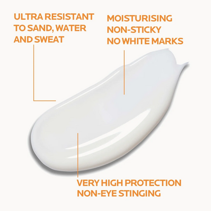 A white cosmetic smear on a light gray background with orange text callouts describing product benefits: ultra resistant to sand, water and sweat; moisturising non-sticky no white marks; very high protection non-eye stinging.