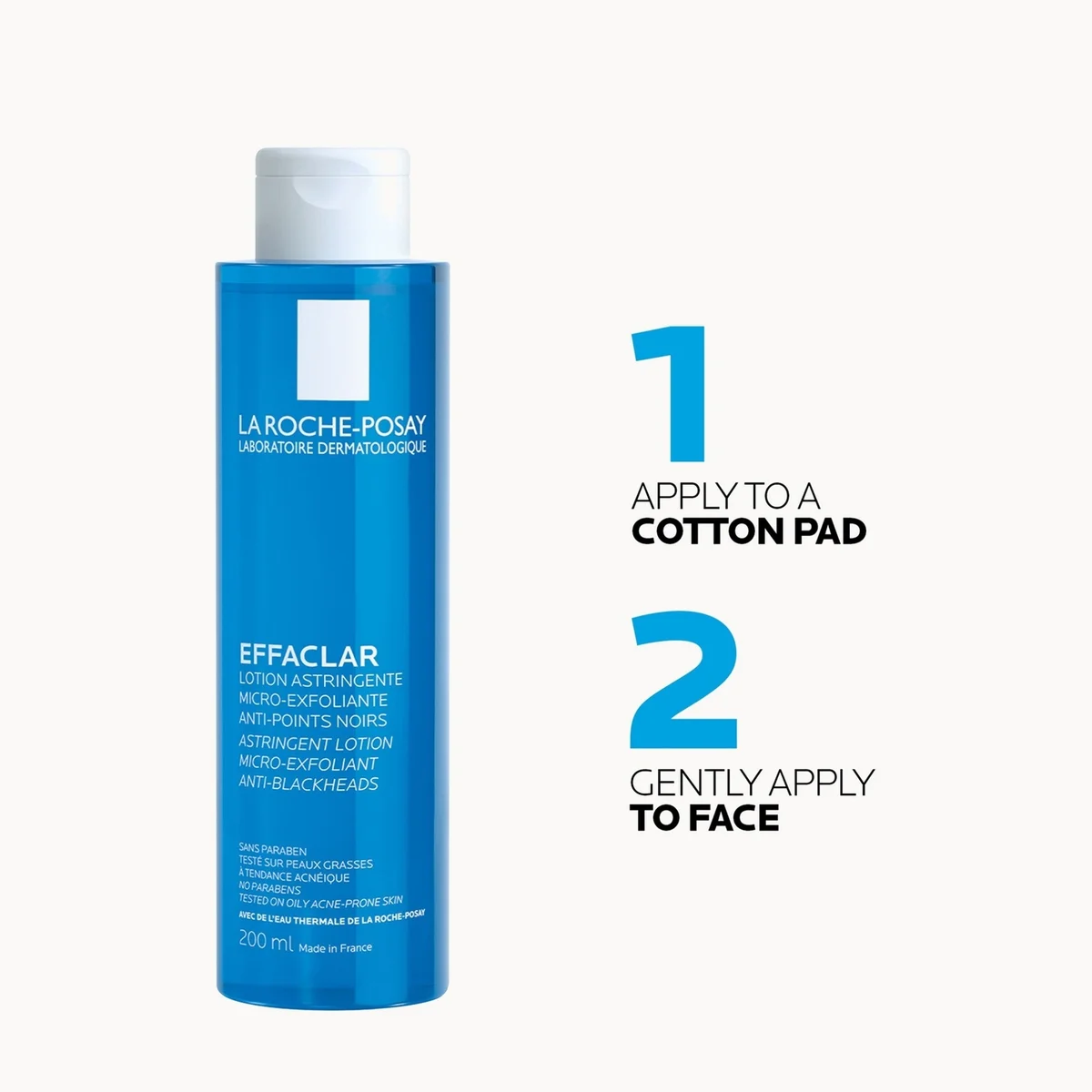 La Roche-Posay Effaclar lotion bottle with usage instructions on a white background