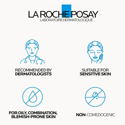 La Roche-Posay branding with icons indicating product suitability for various skin types on a white background.