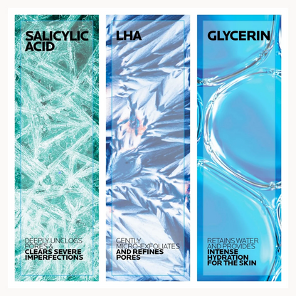 Three vertical skincare panels on a white background: Salicylic Acid in a teal cracked-glass texture, LHA in a silver-blue crinkled texture, and Glycerin in a bright blue liquid droplet texture.