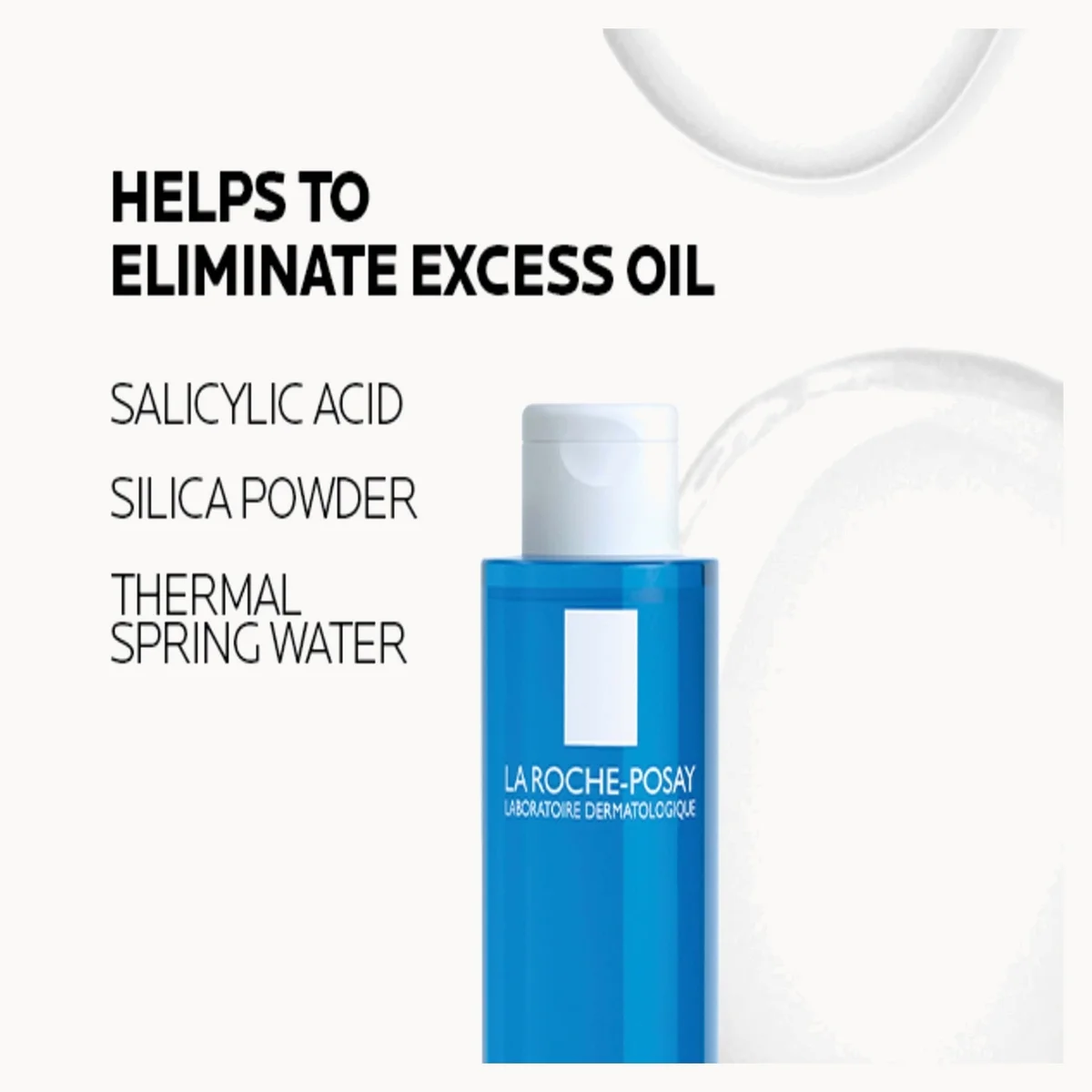 La Roche-Posay skincare bottle in blue and white, shown with marketing text on a clean white background.
