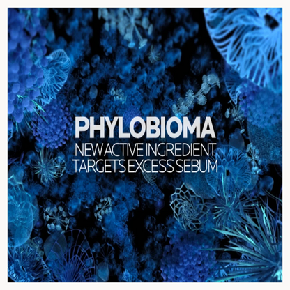 A rectangular graphic with the text 'PHYLOBIOMA NEW ACTIVE INGREDIENT TARGETS EXCESS SEBUM' in white over a dark blue abstract botanical background.