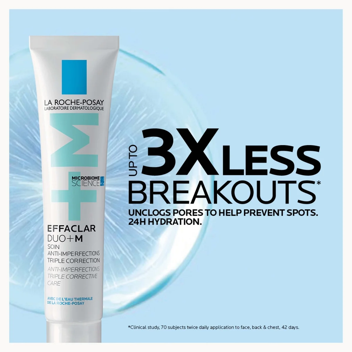 La Roche-Posay Effaclaire Duo+ M skincare cream tube shown on a light blue promotional background with large text reading 'UP TO 3X LESS BREAKOUTS'.