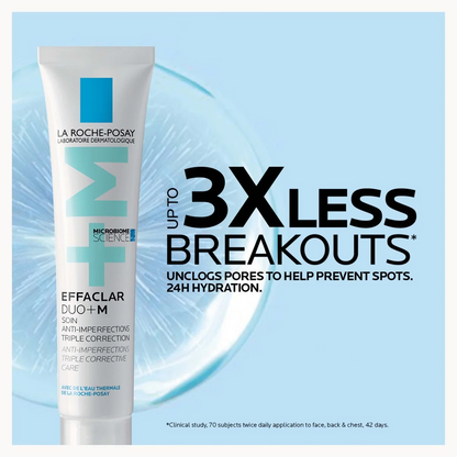 La Roche-Posay Effaclaire Duo+ M skincare cream tube shown on a light blue promotional background with large text reading 'UP TO 3X LESS BREAKOUTS'.