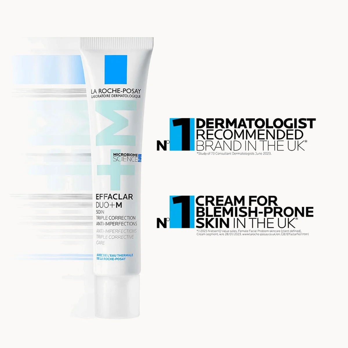 La Roche-Posay Effaclara Duo+M cream tube shown on a white background with two black-and-blue promotional badges reading 'Dermatologist Recommended Brand in the UK' and 'Cream for Blemish-Prone Skin in the UK'.