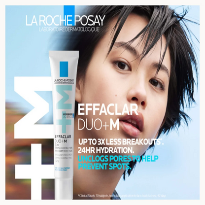 La Roche Posay Effaclar Duo+ M skincare ad featuring a close-up of a woman with short dark hair next to the white and blue product tube, with promotional text on a light blue background.