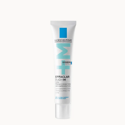 La Roche-Posay Effacelar Duo+ M tube, a white squeeze bottle with blue and light green accents, centered on a plain white background.