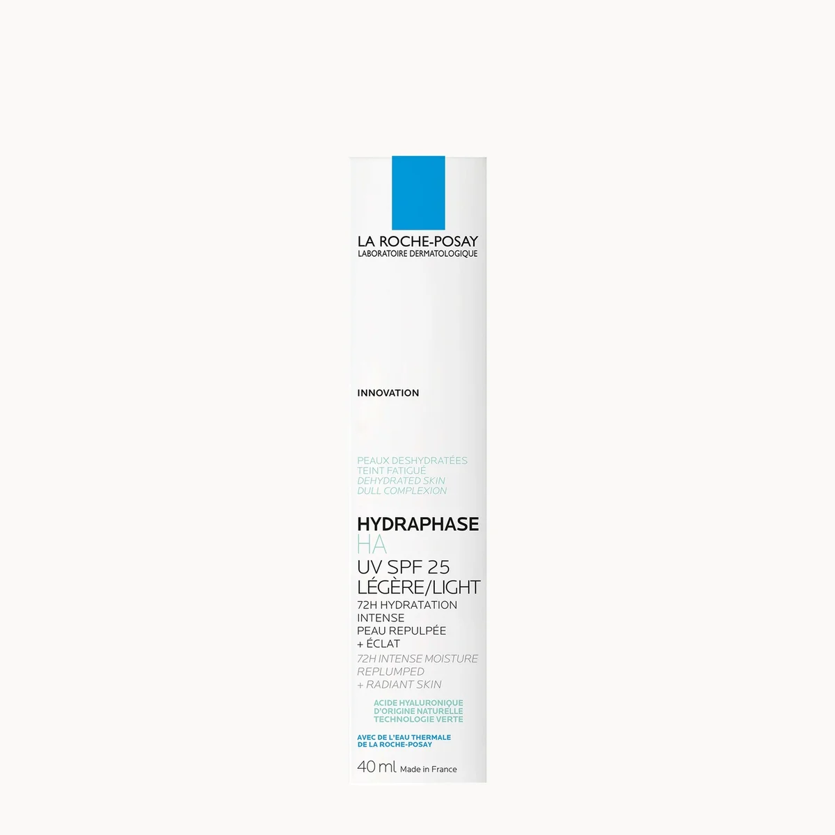 A tall white bottle of La Roche-Posay Hydraphase UV SPF 25 Légère+Light moisturizer with a blue logo block and black text, centered on a very light gray background.