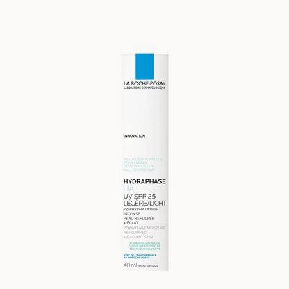 A tall white bottle of La Roche-Posay Hydraphase UV SPF 25 Légère+Light moisturizer with a blue logo block and black text, centered on a very light gray background.