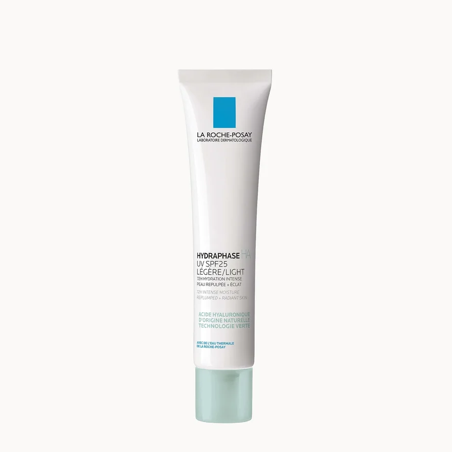 La Roche-Posay Hydraphase UV SPF 50+ Lâche+Light sunscreen tube in white with a light blue cap, centered on a plain white background.