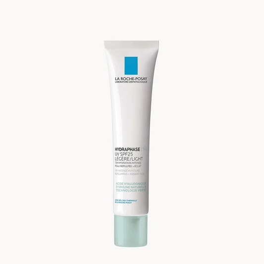 La Roche-Posay Hydraphase UV SPF 50+ Lâche+Light sunscreen tube in white with a light blue cap, centered on a plain white background.