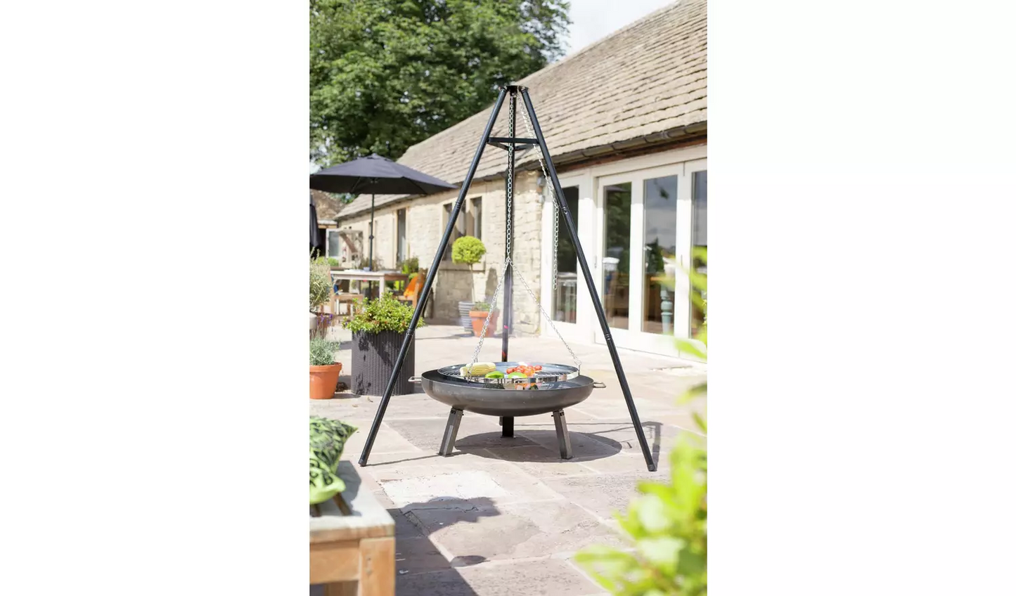 La Hacienda Tripod with BBQ Cooking Grill - Adjustable Height - Portable - Camping, Black & Chrome