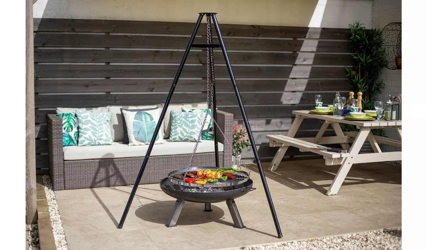 La Hacienda Tripod with BBQ Cooking Grill - Adjustable Height - Portable - Camping, Black & Chrome