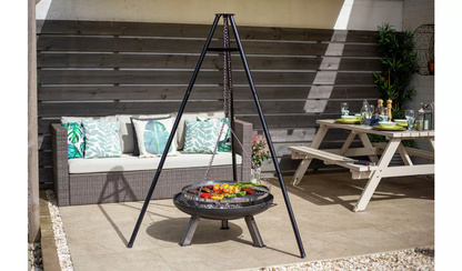La Hacienda Tripod with BBQ Cooking Grill - Adjustable Height - Portable - Camping, Black & Chrome