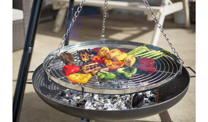 La Hacienda Tripod with BBQ Cooking Grill - Adjustable Height - Portable - Camping, Black & Chrome