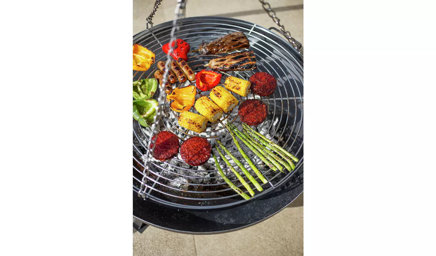 La Hacienda Tripod with BBQ Cooking Grill - Adjustable Height - Portable - Camping, Black & Chrome