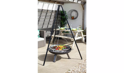 La Hacienda Tripod with BBQ Cooking Grill - Adjustable Height - Portable - Camping, Black & Chrome