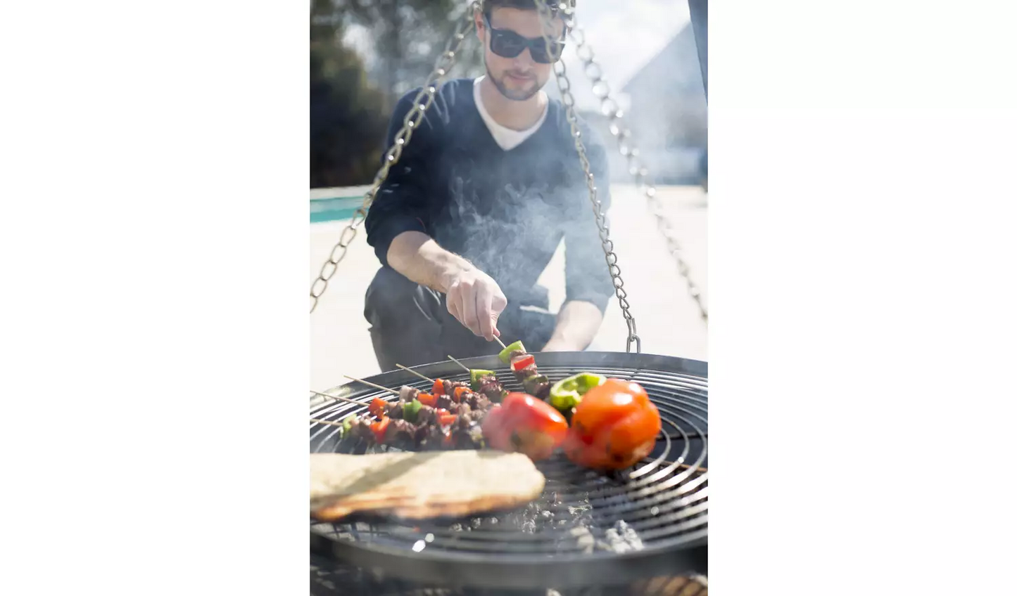 La Hacienda Tripod with BBQ Cooking Grill - Adjustable Height - Portable - Camping, Black & Chrome