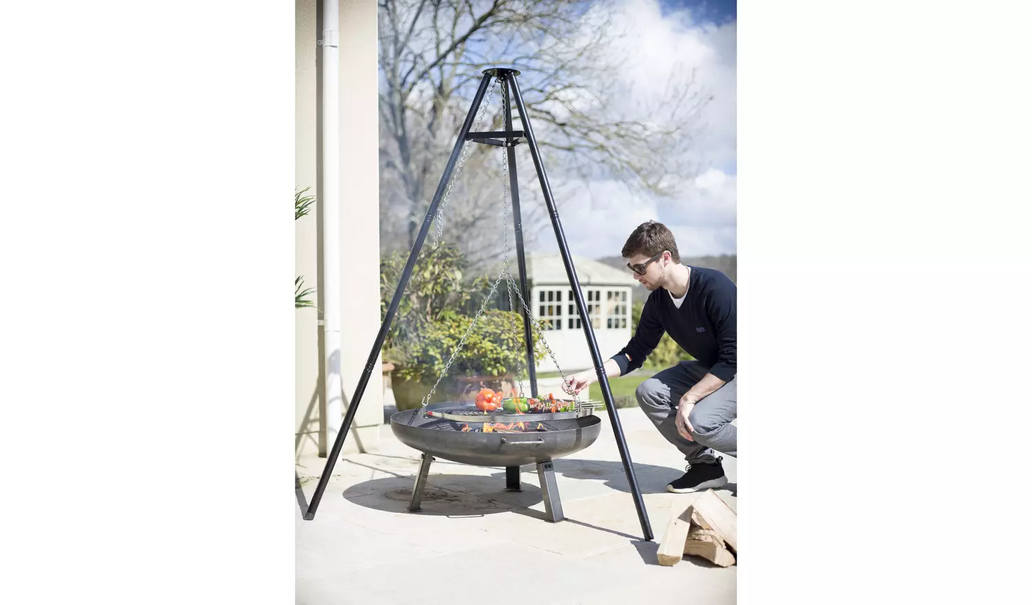 La Hacienda Tripod with BBQ Cooking Grill - Adjustable Height - Portable - Camping, Black & Chrome