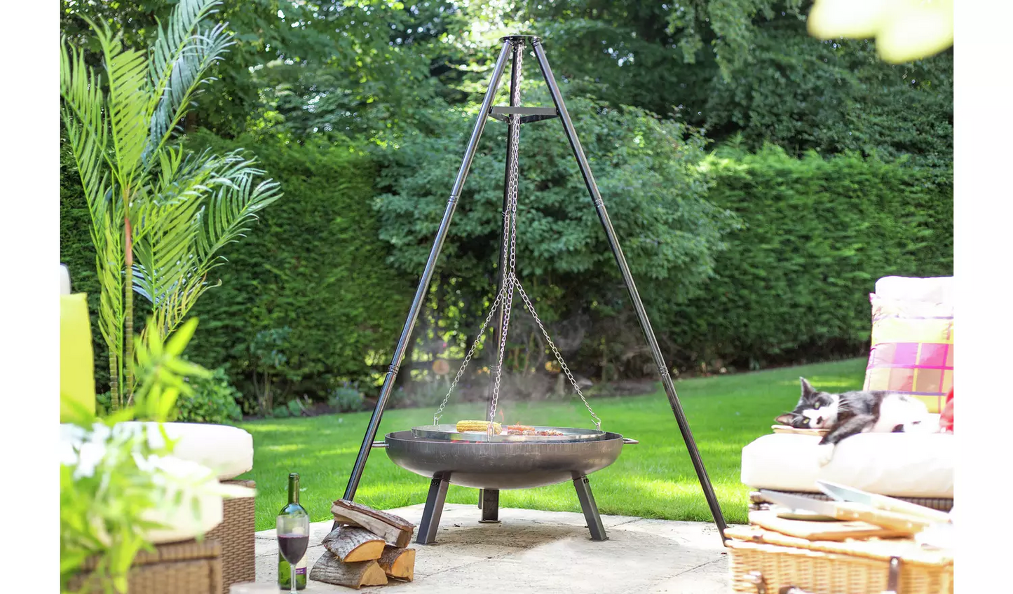 La Hacienda Tripod with BBQ Cooking Grill - Adjustable Height - Portable - Camping, Black & Chrome