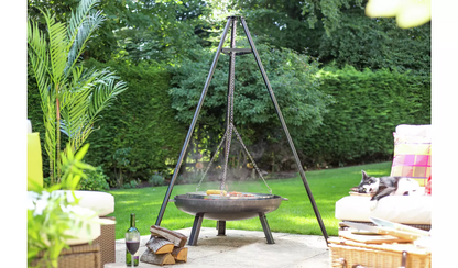 La Hacienda Tripod with BBQ Cooking Grill - Adjustable Height - Portable - Camping, Black & Chrome