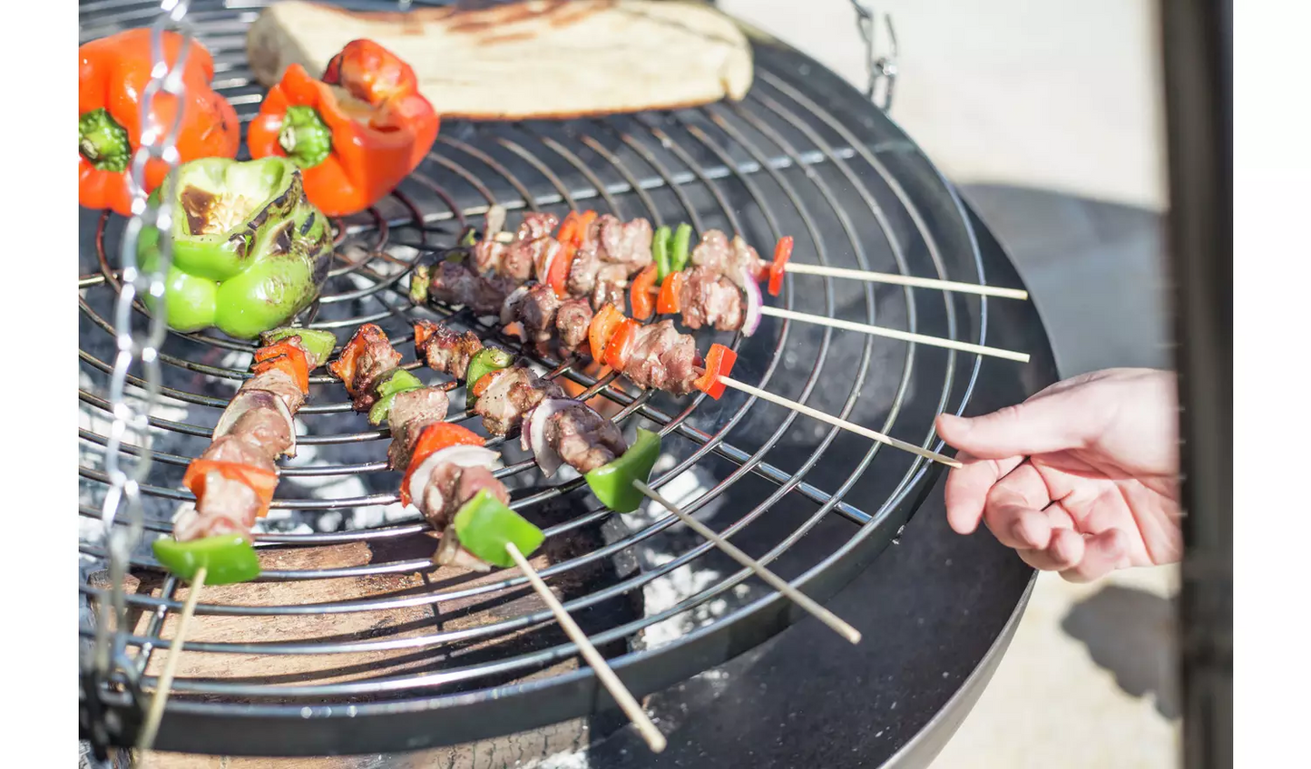 La Hacienda Tripod with BBQ Cooking Grill - Adjustable Height - Portable - Camping, Black & Chrome