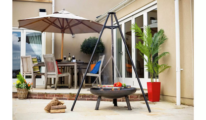 La Hacienda Tripod with BBQ Cooking Grill - Adjustable Height - Portable - Camping, Black & Chrome