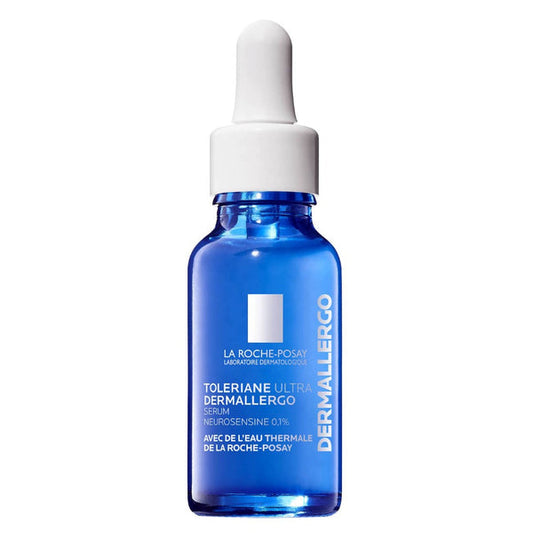 Blue LaRoche-Posay serum bottle with dropper labeled 'Dermalergo' on a white background
