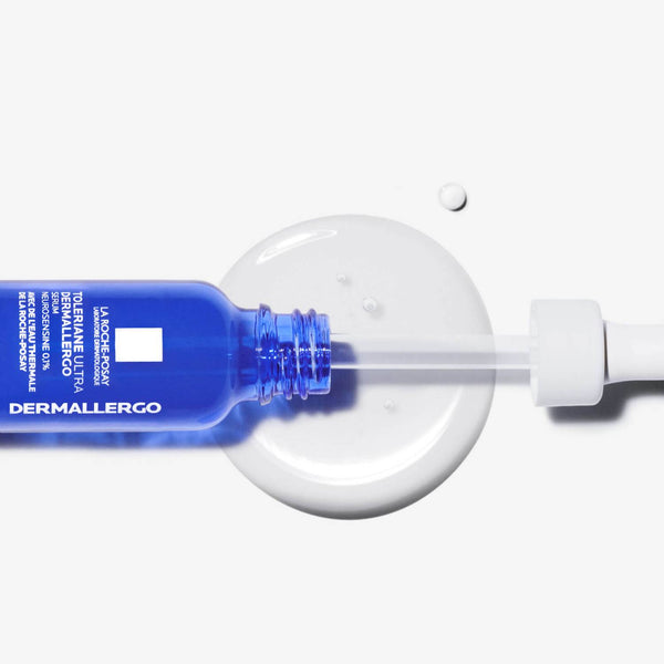 LaRoche-Posay Dermallergo bottle with dropper on a white background