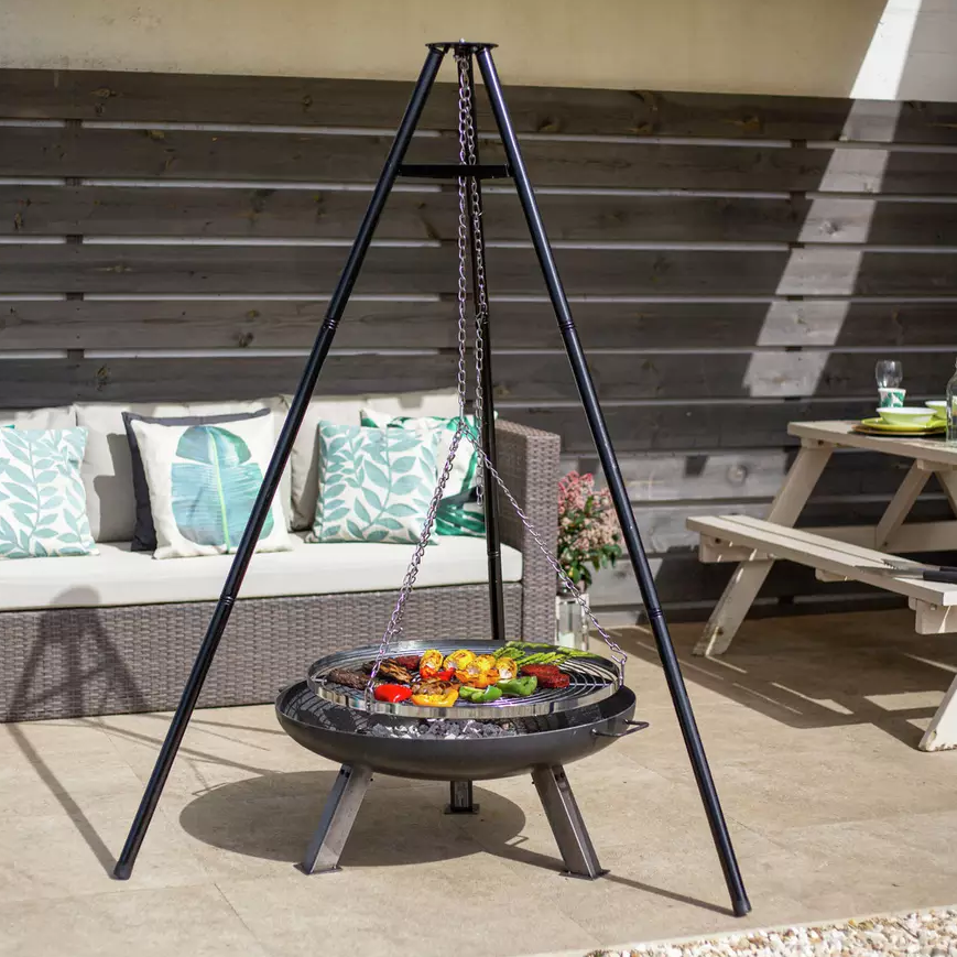La Hacienda Tripod with BBQ Cooking Grill - Adjustable Height - Portable - Camping, Black & Chrome