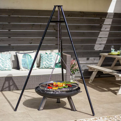 La Hacienda Tripod with BBQ Cooking Grill - Adjustable Height - Portable - Camping, Black & Chrome